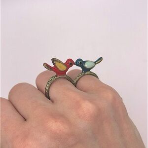 Lovebirds double ring sz 5.5/6, gold and copper toned and enamel